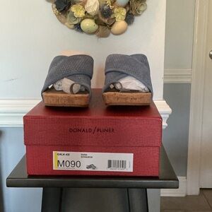 Donald J. Pliner Dusk Blue Perforated Suede Crossover Cork Wedge Sandals